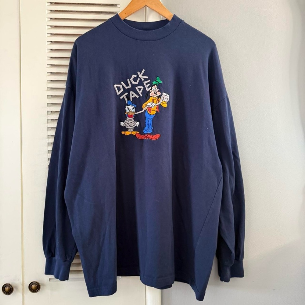 Vintage Disneyland ‘Duck Tape’ Goofy Donald Duck Embroidered Long Sleeve T-shirt - Picture 1 of 7